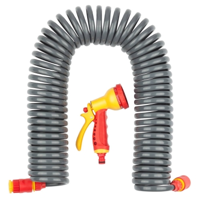 GRINDA спиральный шланг 3/8″ x 15 м, пистолет-распылитель, адаптеры, поливочный набор, PROLine (428495)
